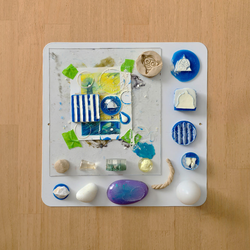 Material studies combining resin with natural and manufactured materials to explore texture, interaction, and transformation.