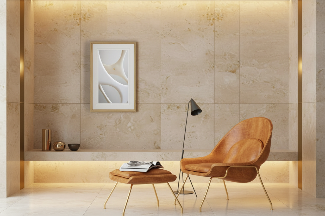Modern tan leather chair and ottoman with a floor lamp and abstract art on a light Marble tile wall.