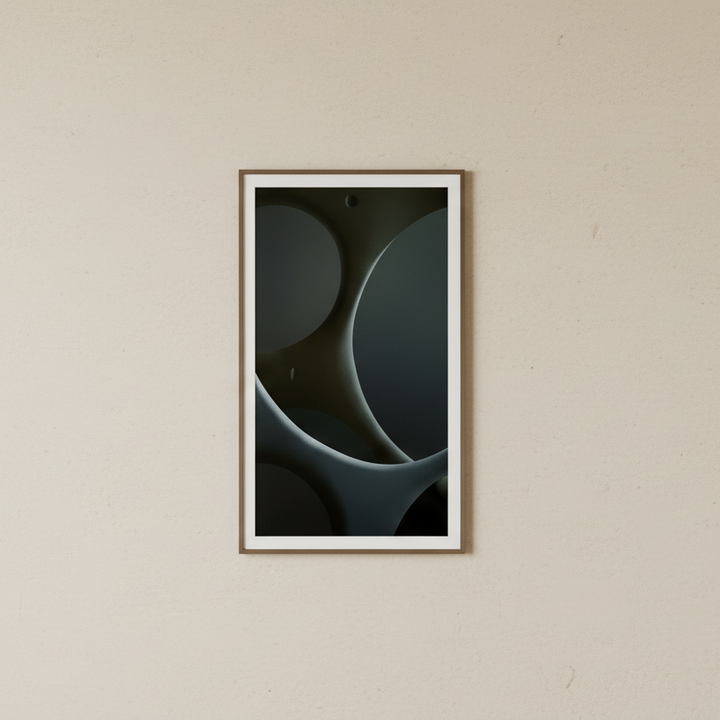 Dark III abstract geometric photographic print displayed on a modern textured wall.
