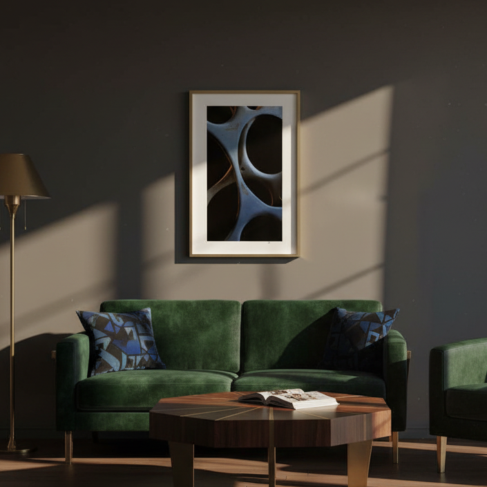 Framed abstract photographic print with intersecting circular forms displayed above a green sofa in a modern interior, showing scale and placement of Ava Bock’s After the Divide — Dark V.