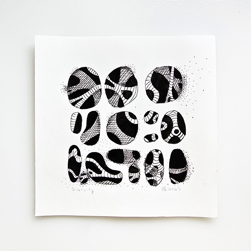 A square white art print featuring a black ink abstract pattern of organic, splattered oval shapes arranged in a grid, displayed against a clean white surface.
