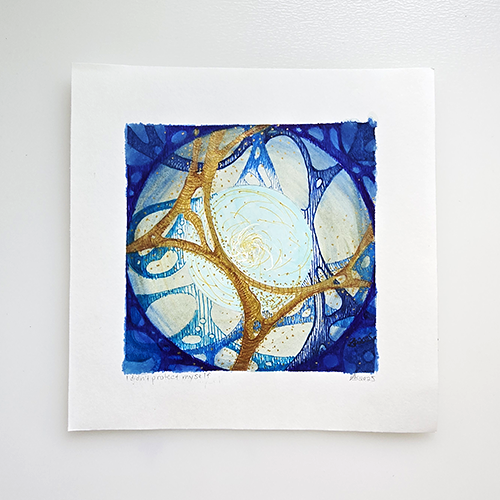 An abstract art print featuring a circular composition with deep blue, white, and gold elements, presented on a white paper sheet against a light gray background.