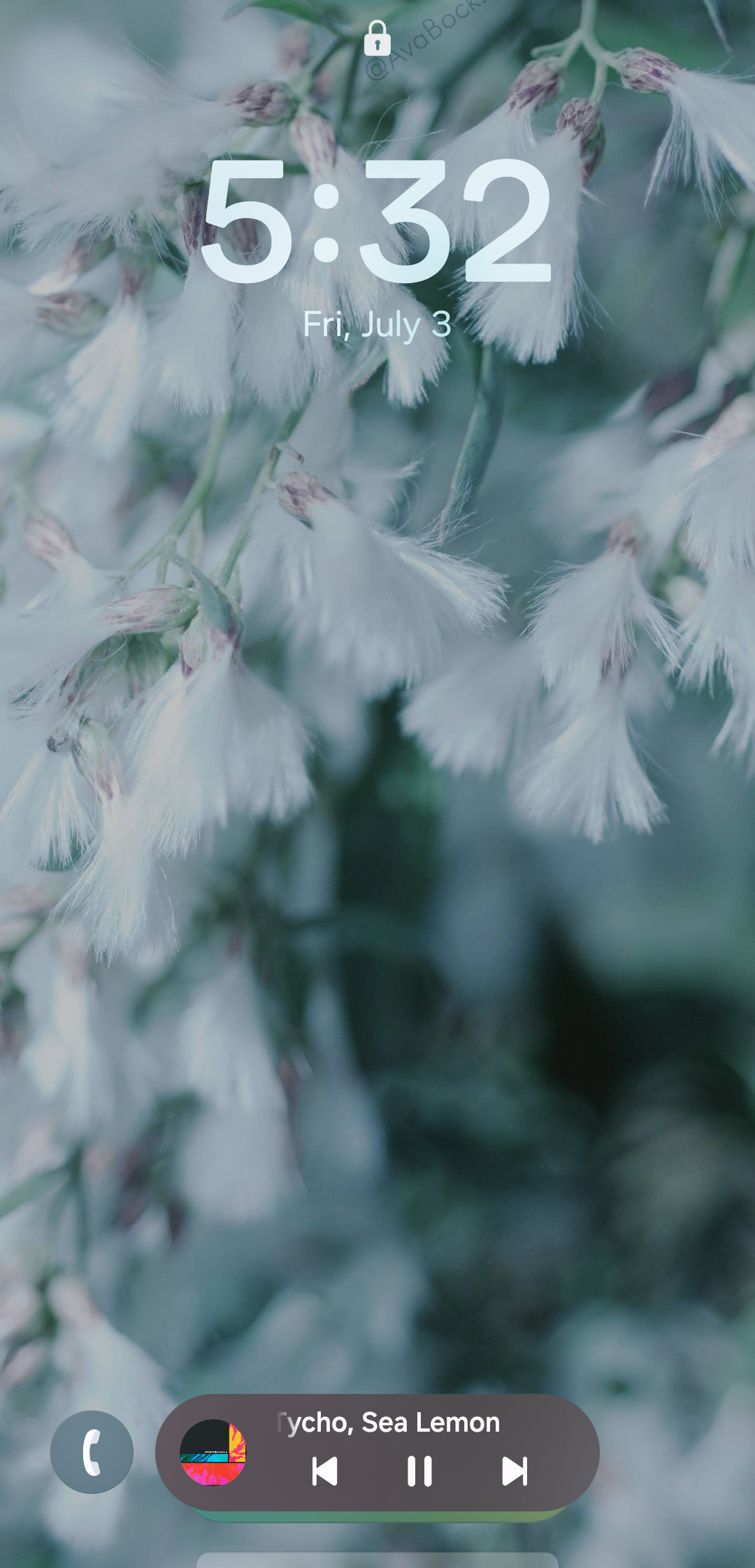 Solace of Spring digital photographic wallpaper preview. The image showing soft white seed heads against muted green abstract foliage. The screen overlay showing the positioning of the clock, date, phone, and music app icons for positioning.