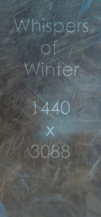 Whispers of Winter abstract phone wallpaper with title and resolution information overlaid.