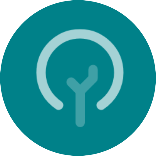 Good api Logo with a minimal line graphic of a tree that appears as a light blue 3/4 downward facing curved line hovering over an teal 'Y' centered inside a dark teal circular background